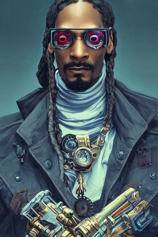 Prompt: 2 0 year old snoop dog as a steampunk cyborg gunslinger, portrait, cyber western, neon, duster, fantasy, intricate, elegant, highly detailed, digital painting, artstation, concept art, sharp focus, illustration, art by artgerm and greg rutkowski and alphonse mucha