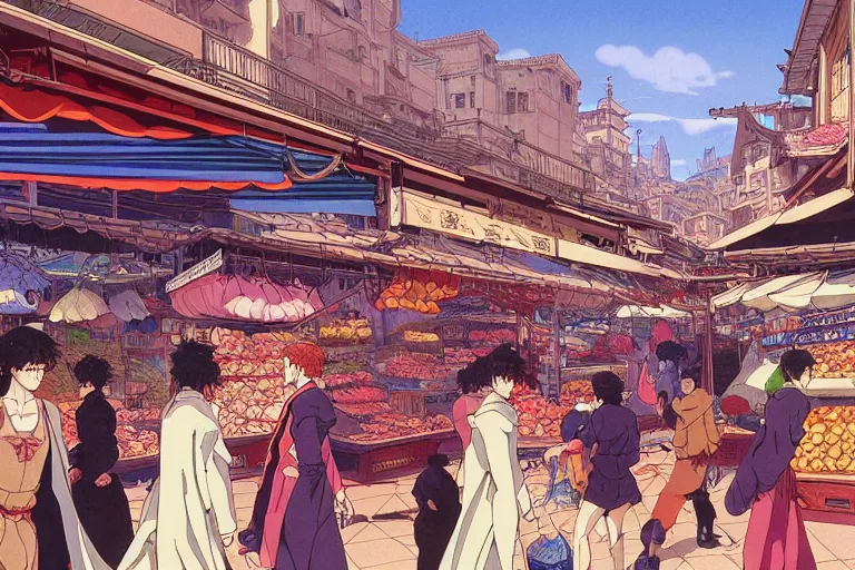 Image similar to cel shaded study of a busy market in a fantasy late renaissance city, key visual with intricate linework, in the style of moebius, ayami kojima, 90's anime, retro fantasy