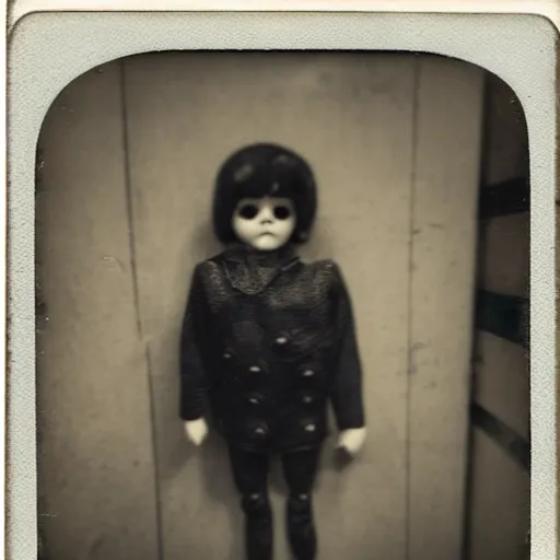 Image similar to aged polaroid photo of a scary doll in a london subway, gloomy, grainy