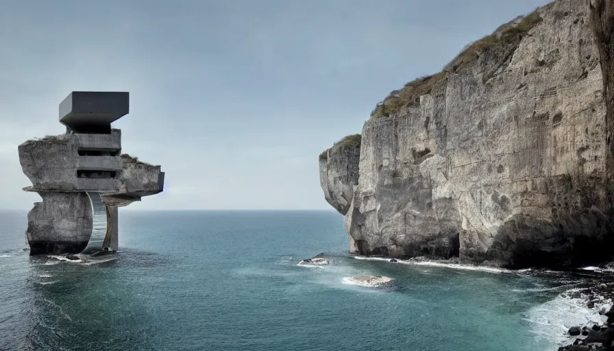 Image similar to bond villain base perched on a cliff overlooking a magnificient bay, brutalism architecture on cliffs, drawing architecture, pritzker architecture prize, greig fraser