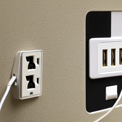 Prompt: a power outlet with 4 power sockets, each power socket has a different smart plug inserted into the socket