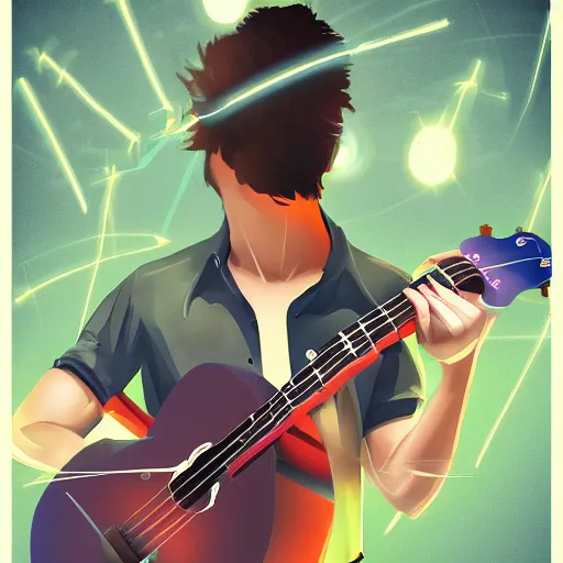 Image similar to a Jake Shimabakuro ukelele guitarist playing so intensely there is electricity shooting out from his guitar, energy beams under his finger tips, and magic sparkles from the freboard, amazing ditial art, trending on artstation, featured on deviantart