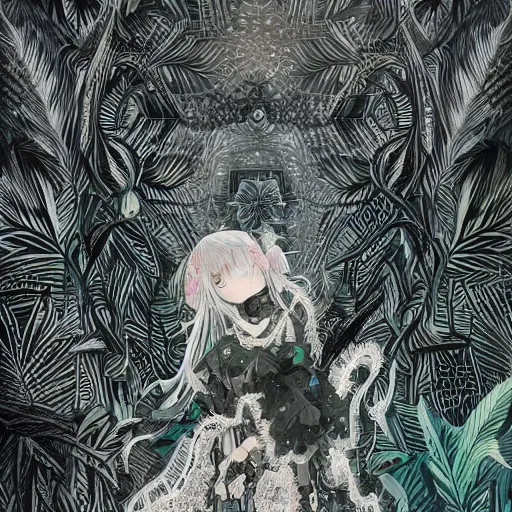 Image similar to black paper + an intricate lelabo depiction + elaborate white illustration, very detailed, deviantart, 8 k vertical wallpaper, tropical, colorful, airy, anime illustration, anime nature