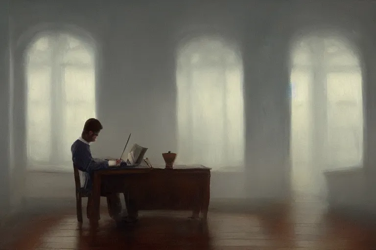 Image similar to a painting of a man writing in a large tome in a foggy room by jama jurabaev, cinematic shot, trending on artstation, high quality, ultra realistic, blue color theme