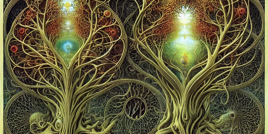 Image similar to tree of life by roger dean and andrew ferez, art forms of nature by ernst haeckel, divine chaos engine, symbolist, visionary, art nouveau, botanical fractal structures, organic, detailed, realistic, surreality