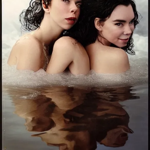 Image similar to stunning vogue magazine photo of dark - haired goddesses vanessa kirby, hailee steinfeld, and bjork smiling, legs intertwined, in a bubble bath, with wet faces!!, wet lips, smooth skin, perfect eyes, insanely detailed, elegant, by wlop, rutkowski, livia prima, mucha, wlop,