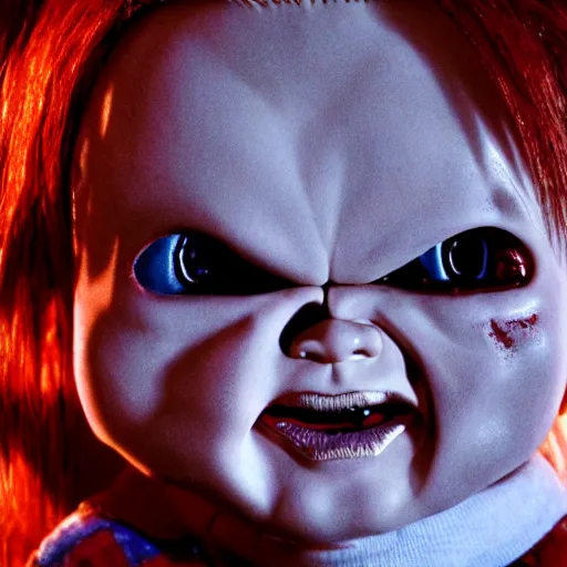 Image similar to Chucky the killer doll from the movie Child's Play scary movie still 8k hdr creepy lighting