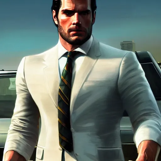 Prompt: Henry Cavill wearing a suit as a grand theft auto 5 loading screen, athletic , gorgeous, muscular, intricate, highly detailed, digital painting, artstation, concept art, sharp focus, illustration, art by greg rutkowski and alphonse mucha