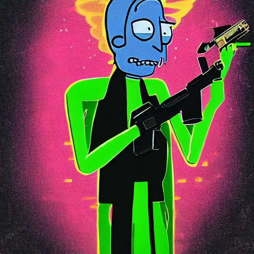 Image similar to portrait of alien rick holding a cybernetic rifle, rick and morty forever and forever a hundred years! g