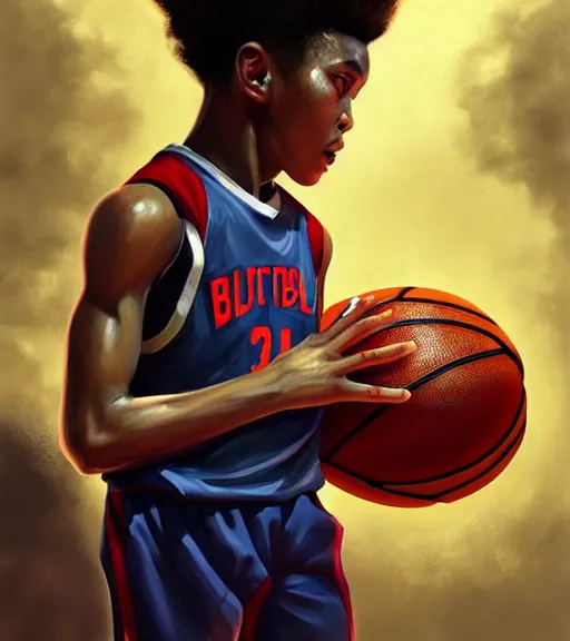 Image similar to portrait of a boy at a basketball court playing basketball wearing a basketball uniform in a basketball court, intense emotion, intricate, elegant, highly detailed, centered, digital painting, artstation, concept art, smooth, sharp focus, illustration, by Peter Mohrbacher, WLOP