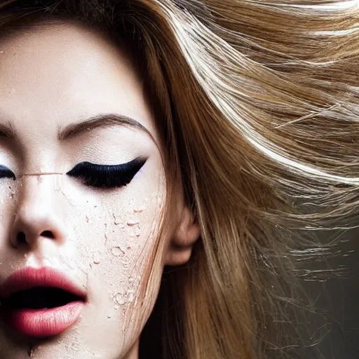 Image similar to blonde model with eyeliner and an open mouth and closed eyes pouring white water on her face