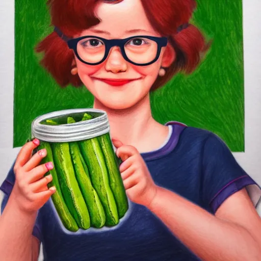 Prompt: pencil drawing of a smiling girl with short grey red hair and dark rim glasses, she is proudly holding a fido jar into the camera. close up photo. the fido jar is filled with big green pickles, by jacek malczewski