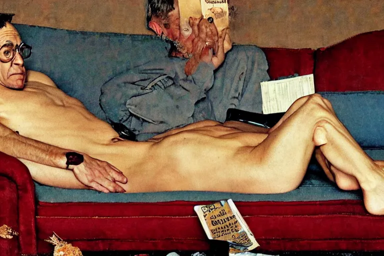 Prompt: Norman Rockwell painting of George Costanza lounging shirtless on sofa