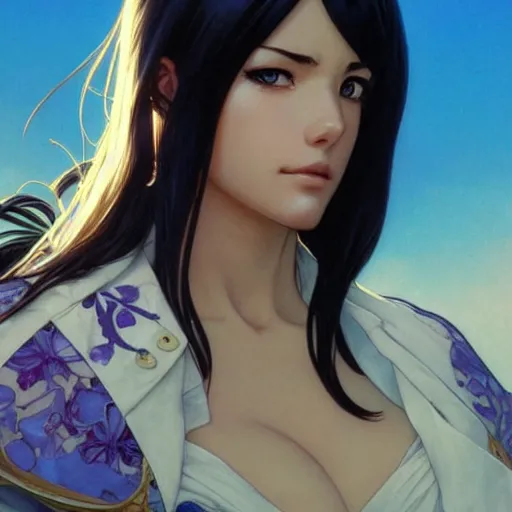 Image similar to highly detailed vfx portrait of nico robin by eiichiro oda, makoto shinkai, alphonse mucha, sharp focus, art by artgerm and greg rutkowski!, backlit, harsh overhead sunlight, blue eyes!!, aquiline nose!!, stanley kybric, kaoru mori, detailed,