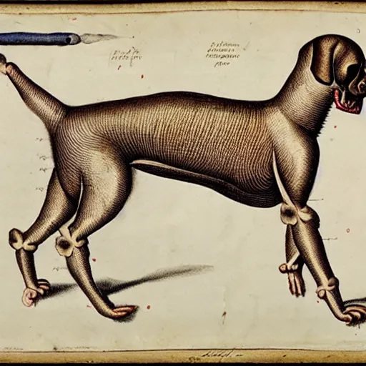 Image similar to anatomical diagram of a puppet dog, by maria sibylla merian