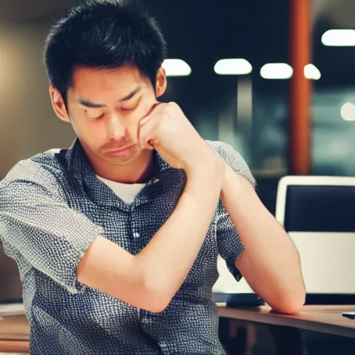 Image similar to japanese salary man leaving work drunk, sad atmosphere