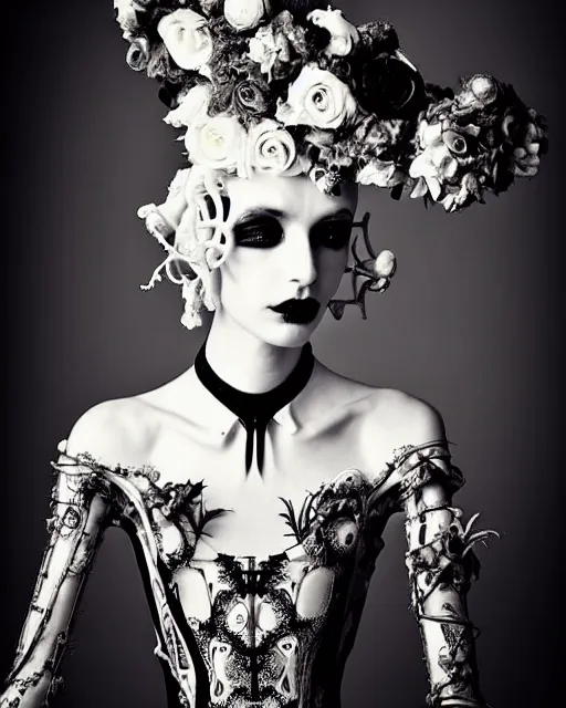 Image similar to dreamy surreal poetic black and white photo of a beautiful young silver bio-mechanical-female-vegetal-cyborg with a very long neck and a super big gothic lace collar and a very high big floral crown with many black dry roses by Vivienne Westwood:: smoke, high fashion, haute couture, rococo, avant-garde, silver filigree details, anatomical, facial muscles, cable wires, microchip, elegant, dreamy, hyper realistic, 150 mm lens, soft rim light, octane render, unreal engine, picture was taken in 1910 by Man Ray, volumetric lighting, dramatic light,8k,