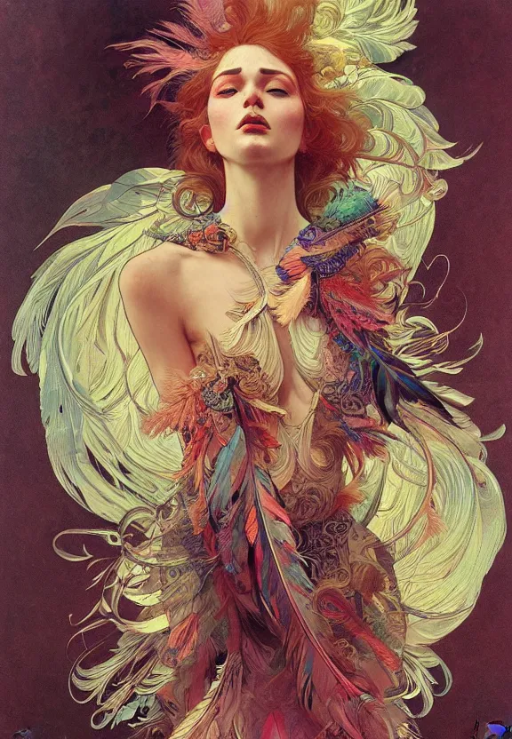 Prompt: feathers having a passionately psychedelic experience, optical illusion, surreal, face, detailed, intricate, elegant, lithe, highly detailed, digital painting, artstation, concept art, smooth, sharp focus, illustration, art by krenz cushart and artem demura and alphonse mucha