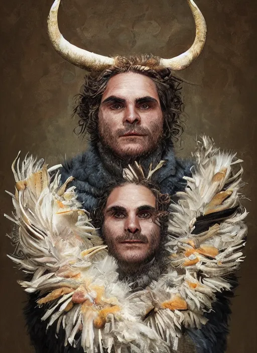 Image similar to a hyper detailed painting of an anthropomorphic joaquin phoenix as the king of animals, cow horns, pig nose, sheep wool, chicken feathers, horror, by anna podedworna, by miklos ligeti, by diego maricato, by taran fiddler, by antonino truisi, by chris reddie, on artstation