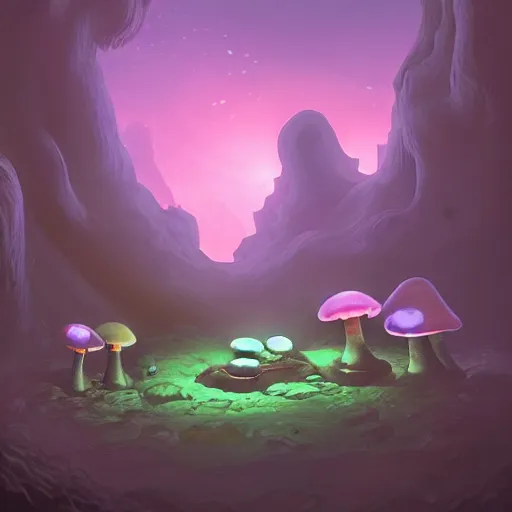 Prompt: a dark cave with glow - in - the - dark mushrooms, artstation, illustration