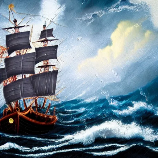 Image similar to A pirate ship sinking in a storm, photorealistic