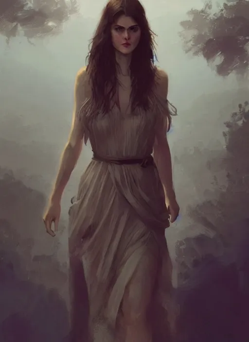 Image similar to a digital painting of Alexandra Daddario wearing a boho dress, by netter, beautiful, gorgeous, long hair, style from greg rutkowski, beautiful eyes, full frame, oil painting, featured on artstation, concept art, smooth, sharp focus, illustration, very detailed, ambient lighting, unreal engine render, concept art by Atey Ghailan, by Loish, by Bryan Lee O'Malley