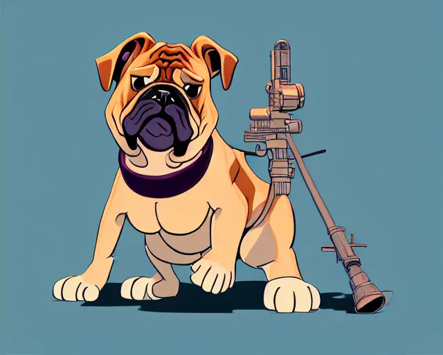 Prompt: a study of cell shaded cartoon of a bulldog puppy holding a bazooka, illustration, wide shot, subtle colors, post grunge, concept art by josan gonzales and wlop, by james jean, Victo ngai, David Rubín, Mike Mignola, Laurie Greasley, highly detailed, sharp focus, alien, Trending on Artstation, HQ, deviantart, art by artgem