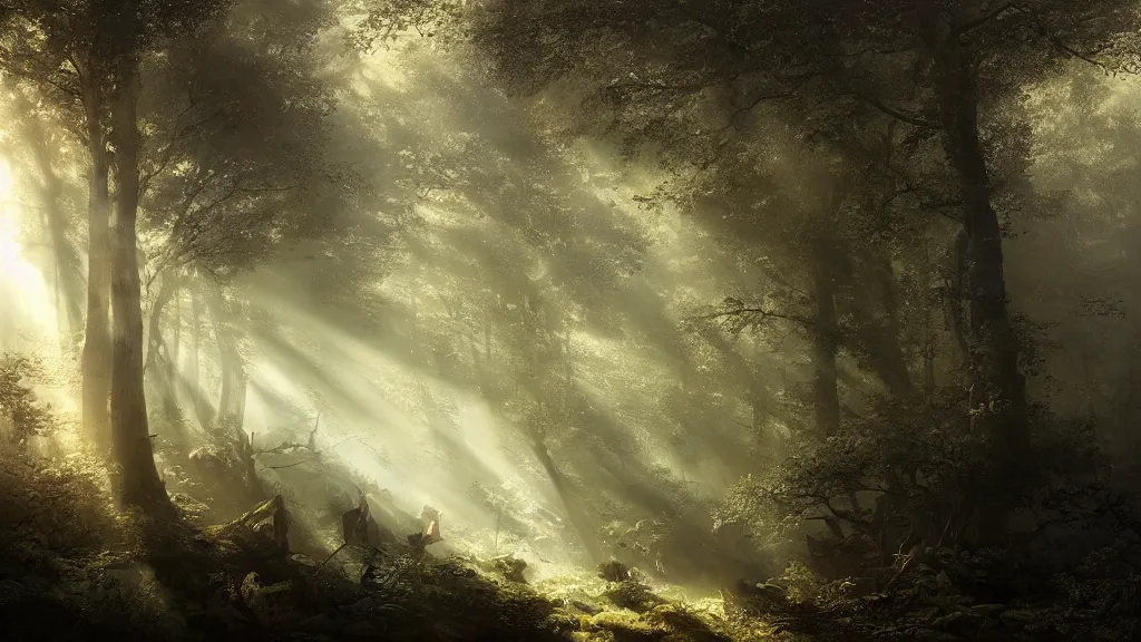 Image similar to a sunlit spot in the dark forest. andreas achenbach, artgerm, mikko lagerstedt, zack snyder, tokujin yoshioka