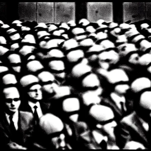 Image similar to The minions minions minions at the Nuremberg trials, monochrome, very low contrast, noise