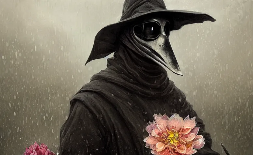 Image similar to plague doctor holding flowers, heavy rain, wind, thunder, reflections, deep focus, d & d, fantasy, intricate, elegant, highly detailed, digital painting, artstation, concept art, matte, sharp focus, illustration, hearthstone, art by artgerm and greg rutkowski and alphonse mucha