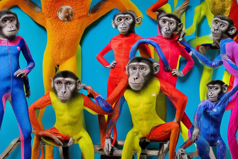 Image similar to Contamporary art fashion photography of ultra mega super hyper realistic detailed group of ultra mega super hyper realistic detailed monkey's in detailed colourful sport suits . Photo shot from 30m distance on ultra mega super hyper Leica Q2 Camera, Rendered by DaVinci Resolve