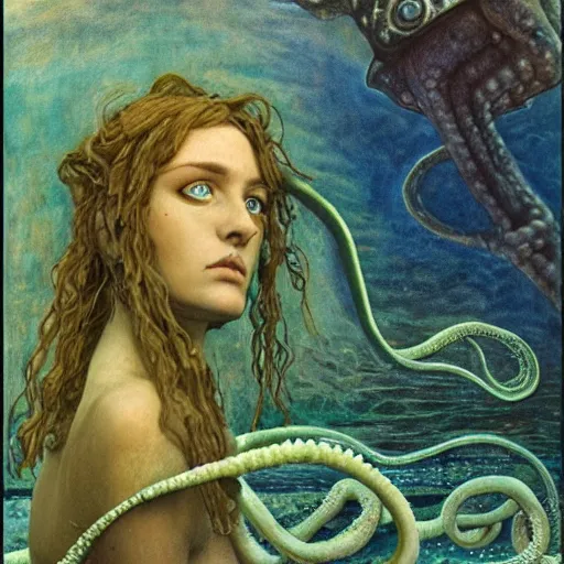 Image similar to eyes, tentacle-enabled underwater human descendant, futuristic painting by jim burns, edward burne-jones, dagon, hd 8k