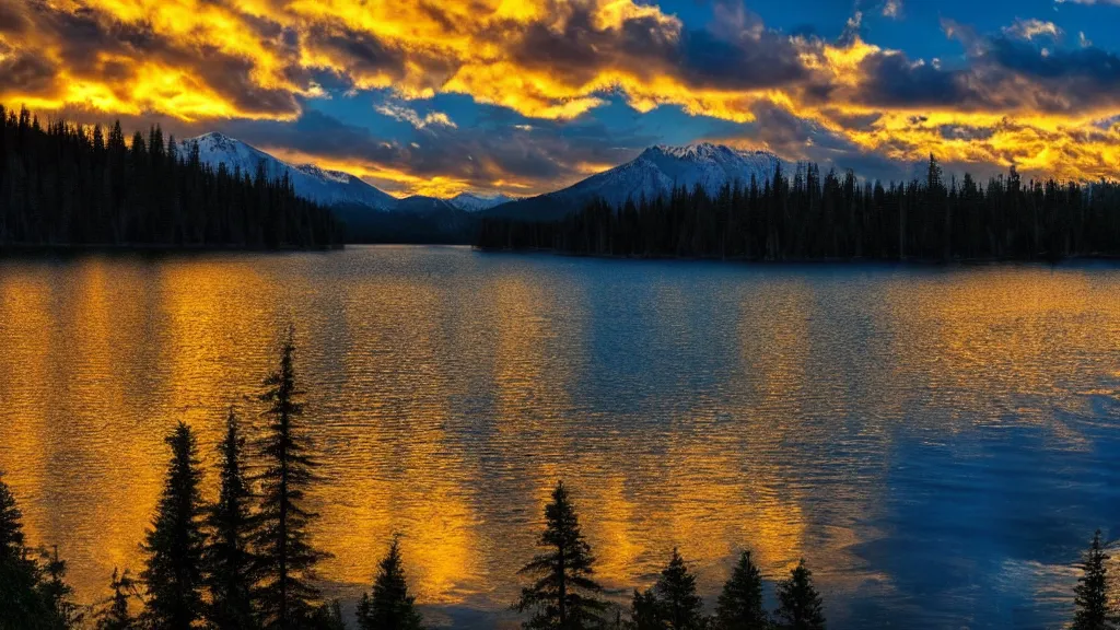 Prompt: amazing lake view photo of golden taiga, beautiful dramatic lighting