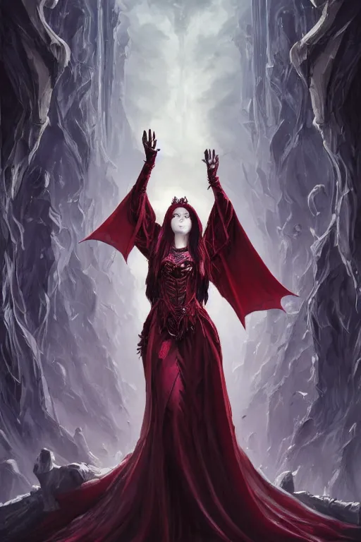 Image similar to beautiful vampire female queen, full body shot, ascending form the sky, hands reaching for her, wide angle shot, aerial view, lost souls, horror, d & d, fantasy, intricate, elegant, highly detailed, digital painting, artstation, concept art, matte, sharp focus, illustration, hearthstone, art by artgerm and greg rutkowski and alphonse mucha