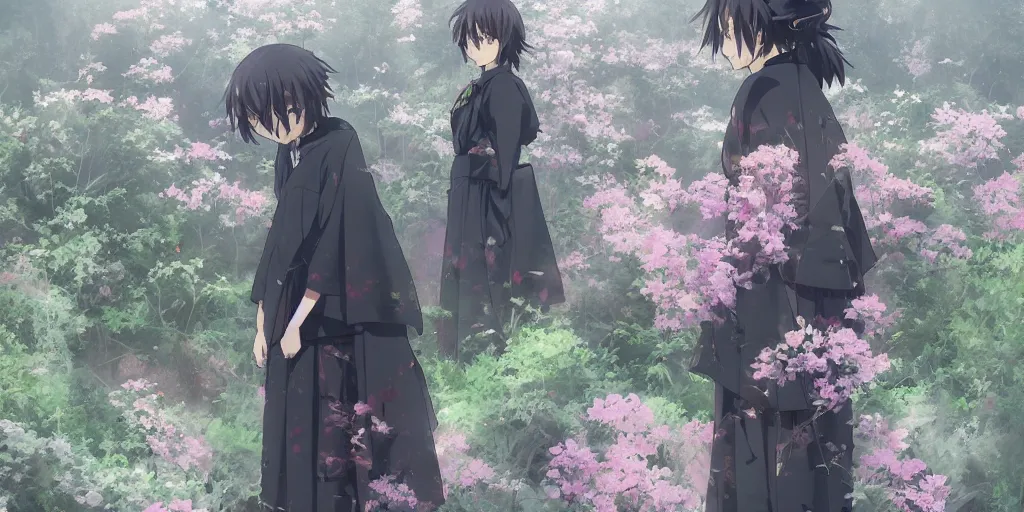 Prompt: anime kyoto animation key by greg rutkowski, perfectly detailed android hakama techwear in abandoned chapel with overgrown flowers and plants