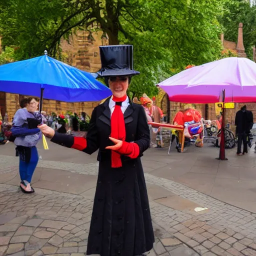 Image similar to Mary Poppins sitting on an inflatable hotdog outside Coventry cathedral