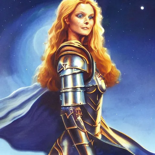 Prompt: portrait of a stunningly beautiful paladin in copper plate armor who looks like young michelle pfeiffer, moonlight in the background by boris vallejo and julie bell, full body, soft lighting, HD, elegant, intricate, masterpiece