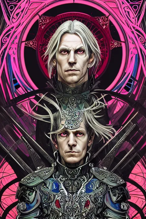 Image similar to a stunning and hypnotic full-color futuristic art nouveau styled action portrait of elric as a godlike and stoic chaos king, with weary and concerned red eyes, extremely detailed aquiline facial structure, art nouveau cybernetic armor and an intricately detailed magical rune-engraved hyperdetailed black sword that glows with ultraviolet eldritch power, perfectly symmetrical albino facial structure and linework, handsome alien facial characteristics, by travis charesyt, michael kaluta, michael whelan and bill sienkiewicz, dark sci-fantasy, deep complexity, male warrior king, sci-fi character concept, photorealism, spectacular framing, minimalist lighting, hyperrealism, 8k