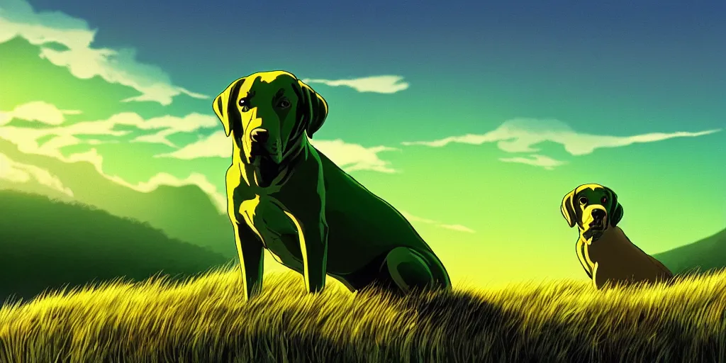 Prompt: hyperrealist, graphic novel illustration of a bulky green alien labrador retriever with shaggy green fur with green dye sitting tall and attentive on a grassy hill, dramatic sunset with red sky and fluffy clouds, pulp 7 0's sci - fi vibes, 9 0's hannah barbara fantasy animation, cinematic, movie still, studio ghibli masterpiece