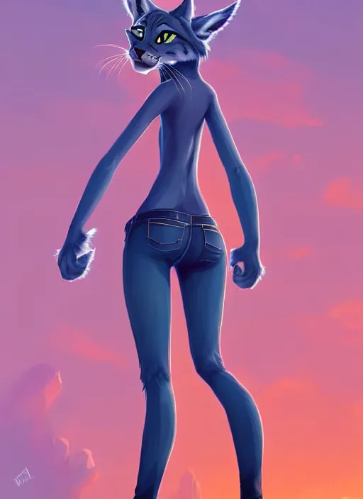 Image similar to wide angle beautiful full body portrait of a strong female anthropomorphic anthro lynx fursona from behind wearing jeans and no boots, paw pads instead of feet and arms, character design by alena aenami, disney, anime, manga, artgerm, furaffinity, detailed, soft lighting,