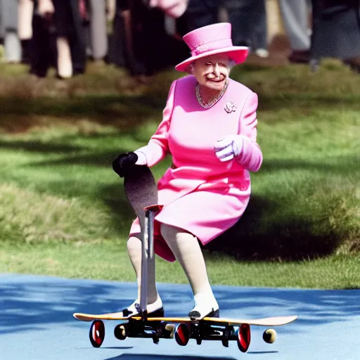 Image similar to queen elizabeth doing tricks on a skateboard, getty images watermark