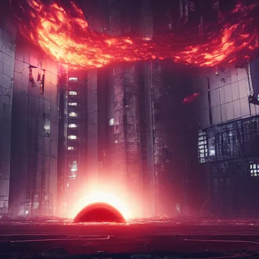 Image similar to a black hole is destroying a gothic cyberpunk City, catastrophic, fire and explosions, the feeling of dread, photorealistic, octane render, unreal engine