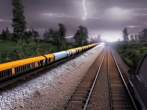 Image similar to man stops train and throws rocks to cars in the highway, dramatic lighting, 3 d render, photorealism, unreal engine, art by michael whelan and chris moore and howard david johnson and tim white and dan giancola