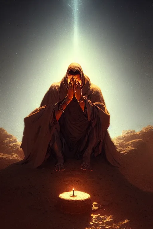 Image similar to lonely wanderer sitting at lap praying in desert, lit by the light of gods, abandoned by gods, hyperdetailed artstation cgsociety by greg rutkowski and by Gustave Dore