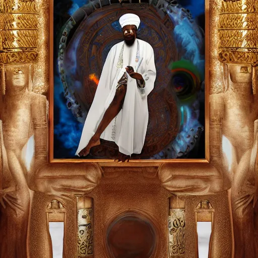 Image similar to an oil on canvas painting of an african moor wearing white robes and turban in the valley of the kings, ornate and decadent steampunk portal, by jeff easley, cinematic volumetric, surreal psychedelic portrait style, 8 k, hd,