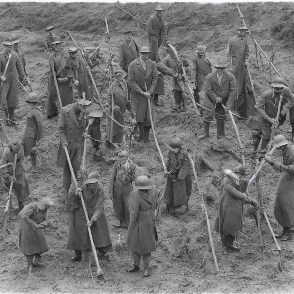 Image similar to a group of badgers in 1 9 4 0 s suits, digging at sutton hoo, standing upright like people, anthropomorphic, style of beatrix potter, rendered as a highly detailed black & white photograph