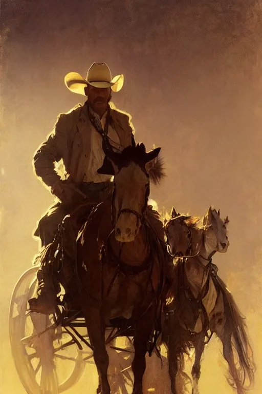 Image similar to hyperrealist portrait of a cowboy driving stage coach by jeremy mann and alphonse mucha, fantasy art, photo realistic, dynamic lighting, artstation, poster, volumetric lighting, very detailed faces, 4 k, award winning