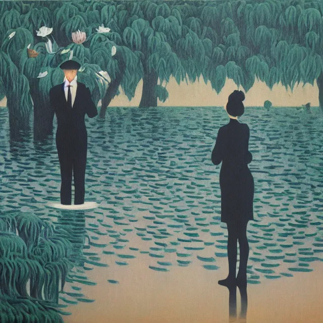 Image similar to painting of flood waters, zen, a tall catgirl art student, a river flooding inside, art supplies, pigs, ikebana, water, river, rapids, waterfall, black swans, canoe, pomegranate, berries dripping, acrylic on canvas, surrealist, by magritte and monet