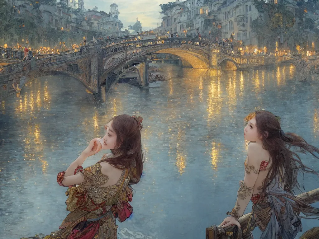 Prompt: a beautiful painting of a girl standing on a bridge, watching the view from the river of the lantern festival in a an ancient italian town, at night with a sky full of stars, intricate, elegant, highly detailed, digital painting, artstation, concept art, by krenz cushart and artem demura and alphonse mucha