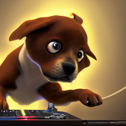 Image similar to puppy as a DJ, 8k, fantasy, intricate, cinematic lighting, highly detailed, digital painting, artstation, concept art, smooth, sharp focus, illustration, by Pixar